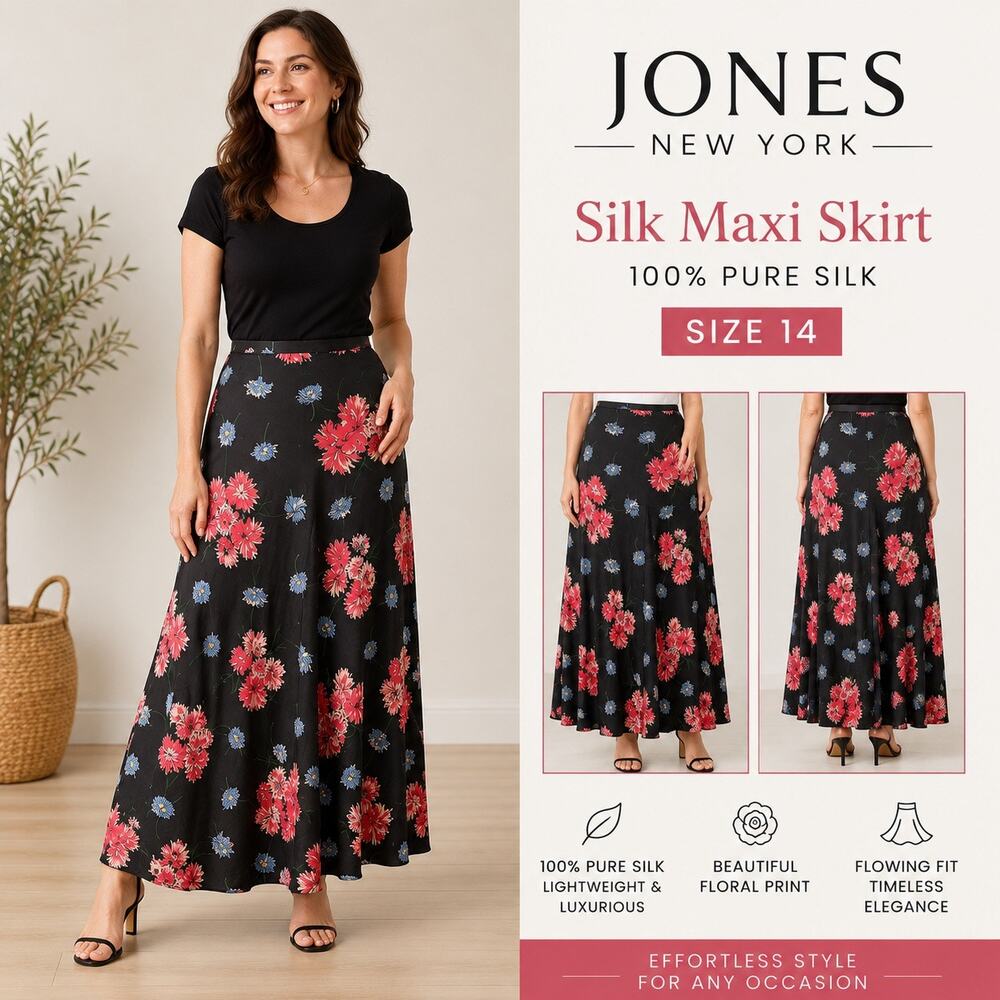 Jones New York Womens Pure Silk Floral Maxi Skirt Black Pink Blue Size 14